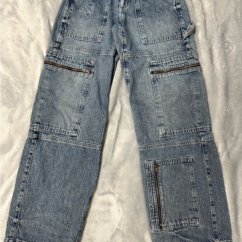 Denim Cargo Jeans with Zipper Pockets